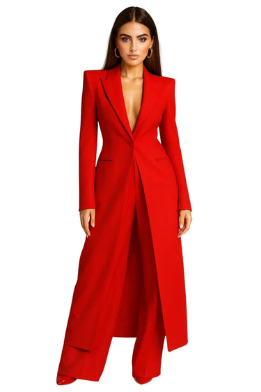 Women's red formal suit with a plunging neckline on a white background